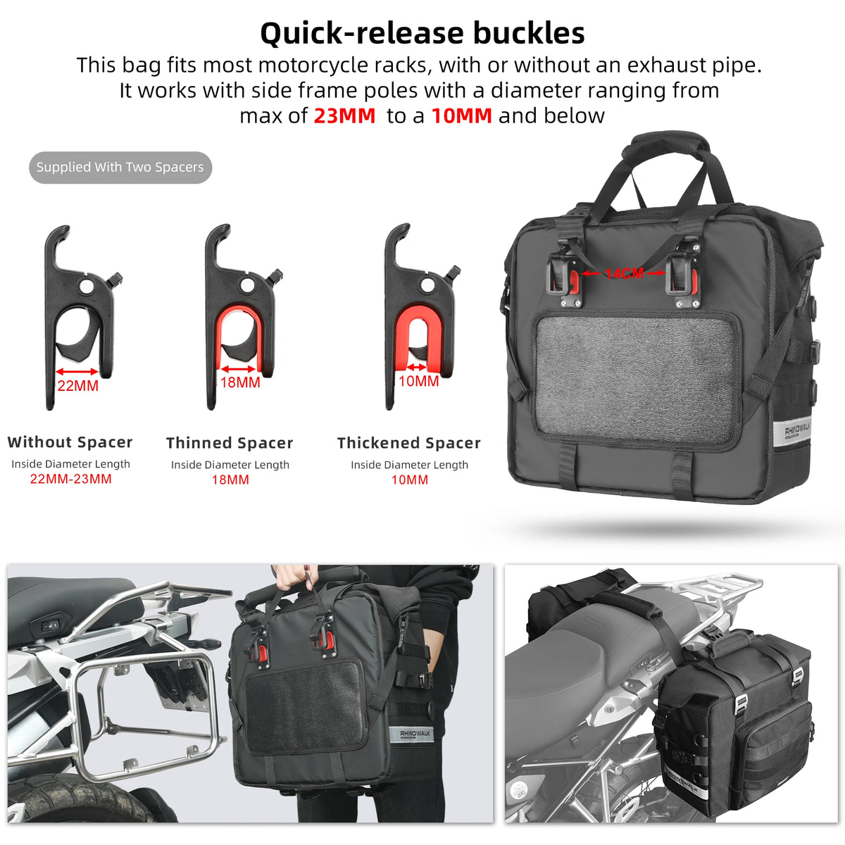Rhinowalk Motorcycle Side Bag Waterproof Saddle 25L-32L Expandable Pannier Bag Quick Release 3D Shape Motorbike Storage Bag 1PC