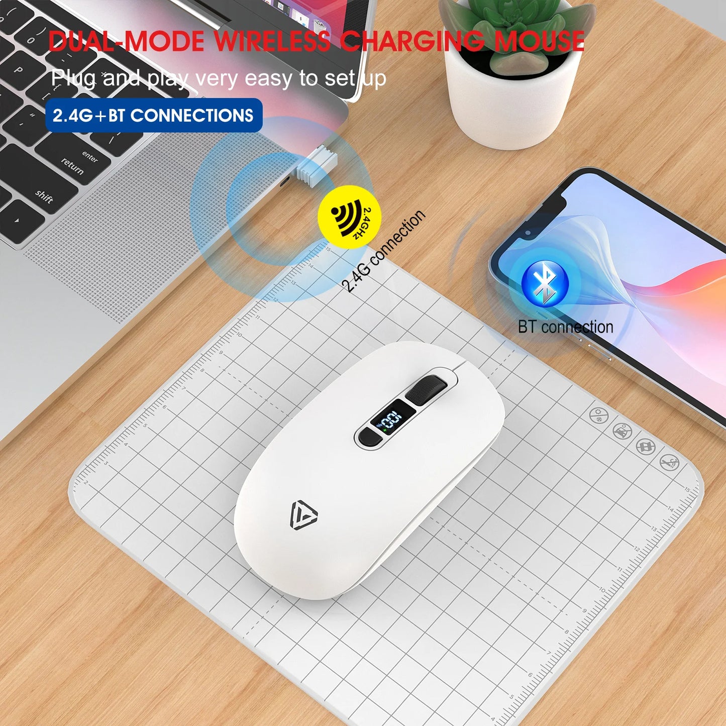 2.4G Bluetooth Wireless Mouse Mute Button Rechargeable 500mA Battery Laptop Office Computer Digital Display Battery Level 4 DPI