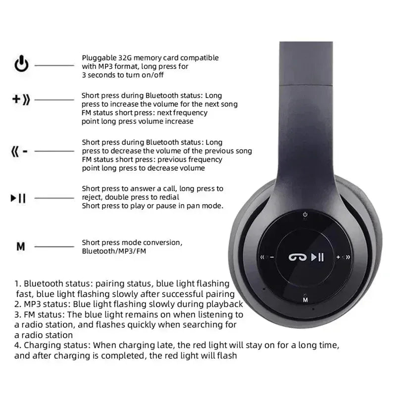 P47 Wireless bluetooth headphone With Mic Headsets Stereo Sound Earphones Sports Gaming Headphones Supports PC Smartphone - Urbizia
