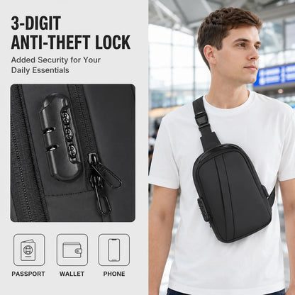 Men Anti Theft Sling Backpack with Combination Lock USB Port, Water Resistant Crossbody Chest Bag for Travel and Commuting
