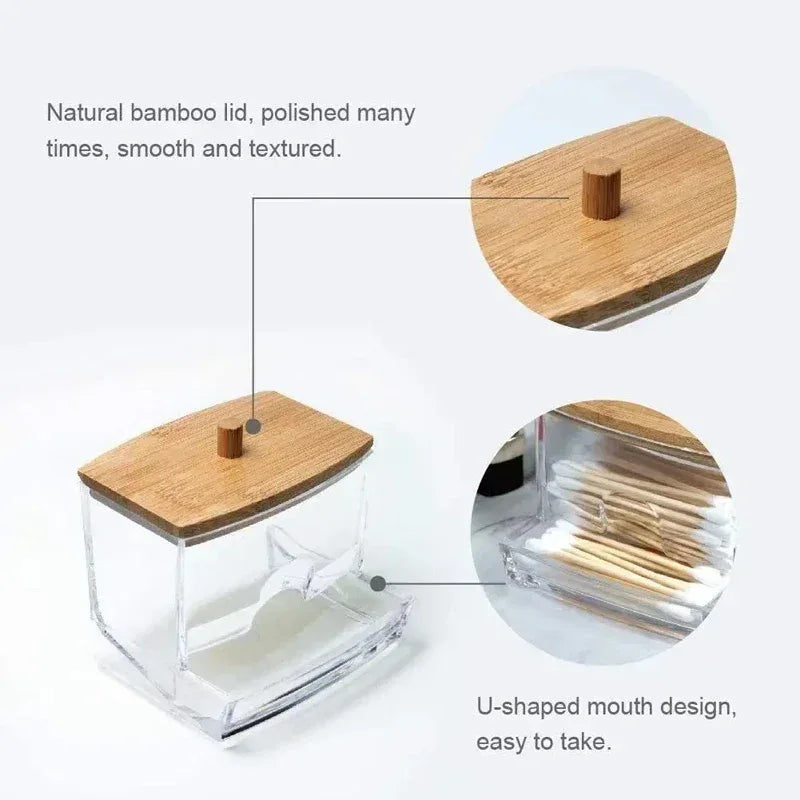 Transparent Cotton Swab Storage Box with Bamboo Lid