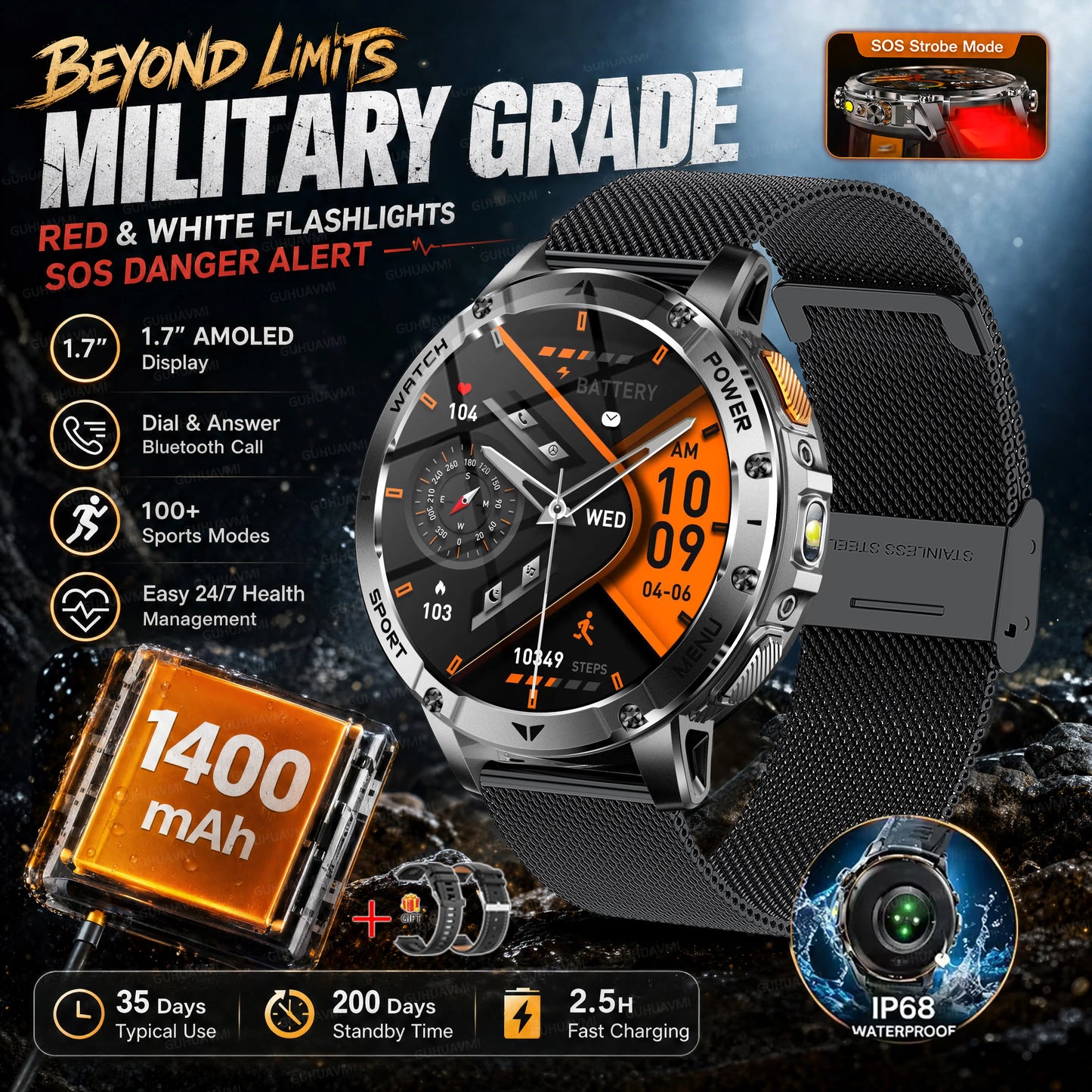 2026 New Military Outdoor Smart Watch Men 10ATM Waterproof Diving Heart Rate Monitor LED Flashlight Bluetooth Call Fitness Watch