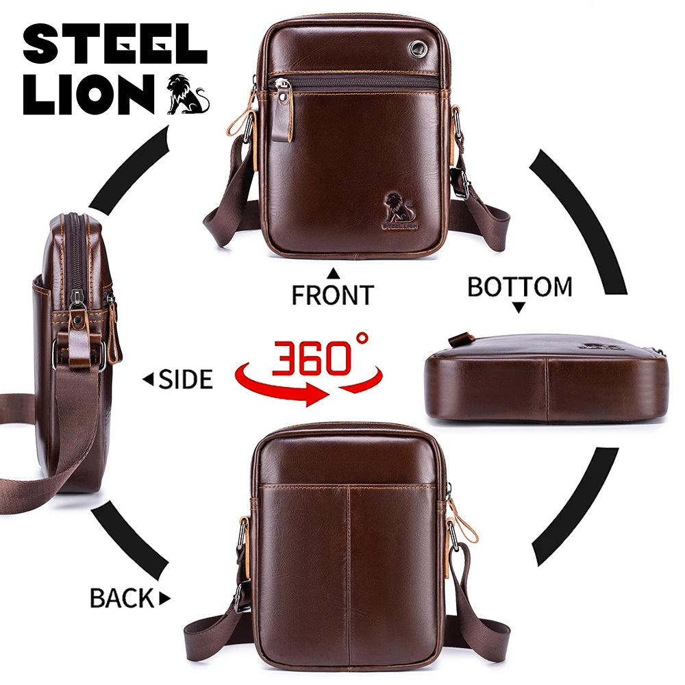 STEEL LION Men's Genuine Leather Crossbody Bag, Cowhide Business Vertical Mini Casual Shoulder Bag, Mobile Phone Bag