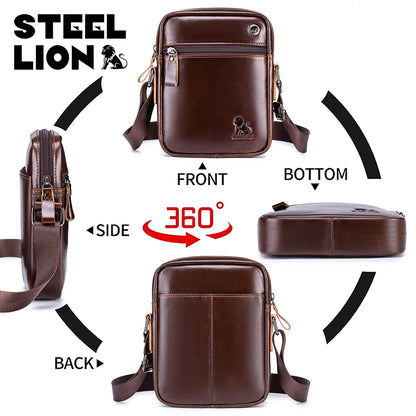 STEEL LION Men's Genuine Leather Crossbody Bag, Cowhide Business Vertical Mini Casual Shoulder Bag, Mobile Phone Bag
