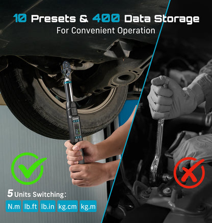 Seesii 3/8" Digital Torque Wrench 220Nm LCD Display Real-Time & Peak Modes Preset & Data Storage Dual Alarm for Bicycle Car