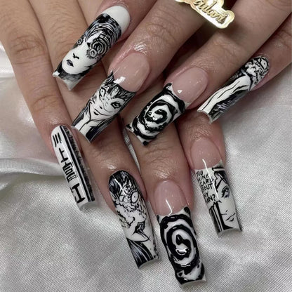 24pcs Halloween Press-On Nails – Gothic Punk 3D Spider Skull Design, Black Y2K Coffin French Fake Nails