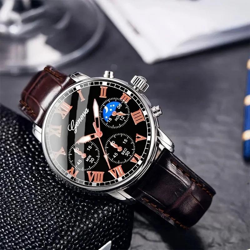 Casual men's quartz watch, fashionable business PU leather watch bracelet combination, suitable for daily use or gift gifts