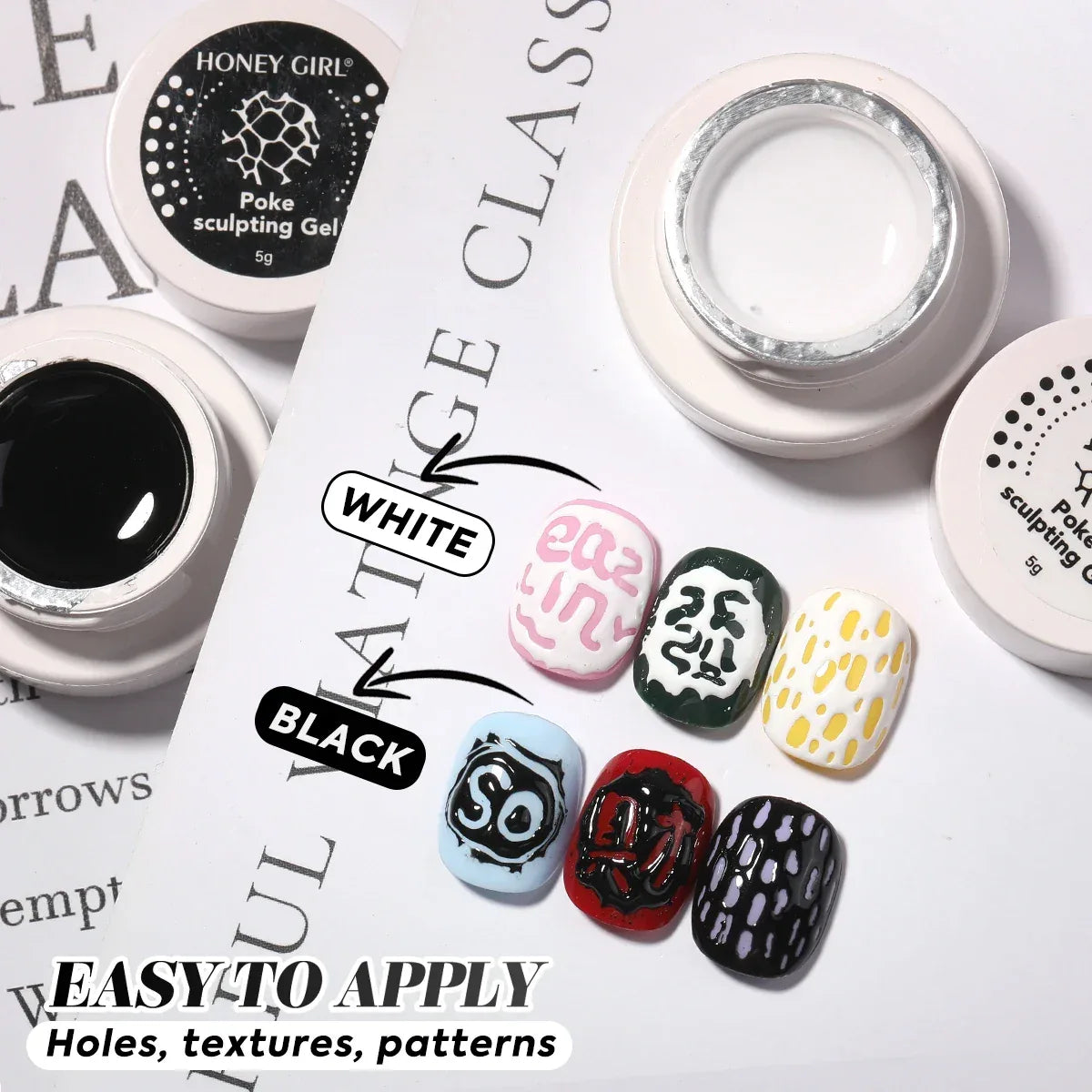 Creative Nail Art  poke Gel with Special Base Coat, Black/White Silvery Golden  for DIY Multi-Style Designs,  Holiday Gift