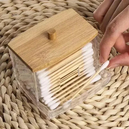 Transparent Cotton Swab Storage Box with Bamboo Lid
