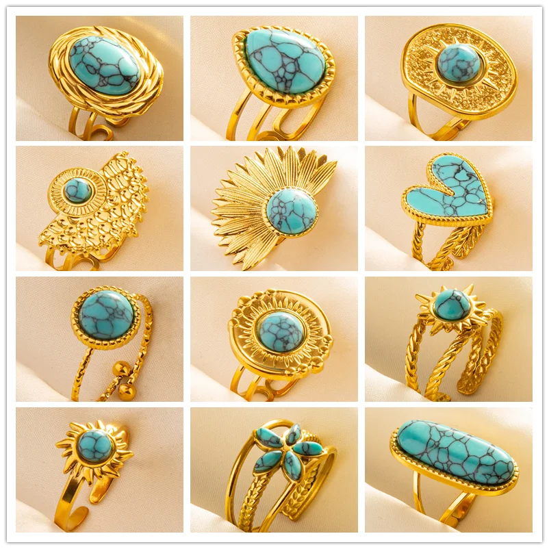 Turquoise Finger Jewelry Long Oval Sun Heart Water Drop Stainless Steel Rings For Women Men Accessories Gold Plated Open Anillos