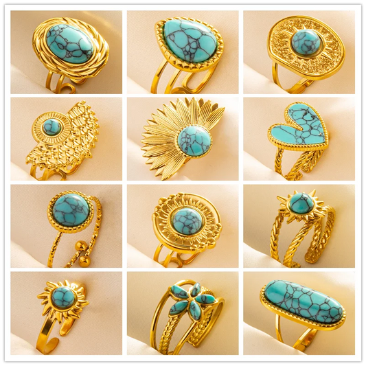 Turquoise Finger Jewelry Long Oval Sun Heart Water Drop Stainless Steel Rings For Women Men Accessories Gold Plated Open Anillos