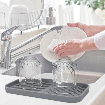 Silicone Faucet Mat Kitchen Sink Splash Drying Pad with Drain Soap Dispenser Sponge Storage Tray