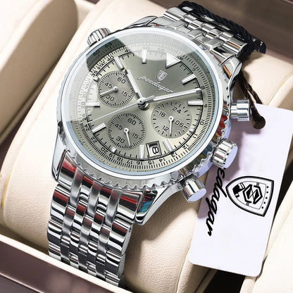 POEDAGAR Luxury Business Men's Watch Stainless Steel Chronograph Date Sport Quartz Man Clock Waterproof Luminous Military Watches For Men