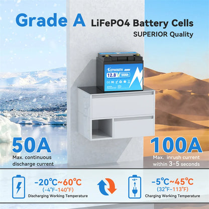KEPWORTH 12V 50Ah LiFePO4 Battery with 50A BMS, Grade A Cells, for Solar/RV/Marine/Trolling Motor, Lightweight & Compact Design