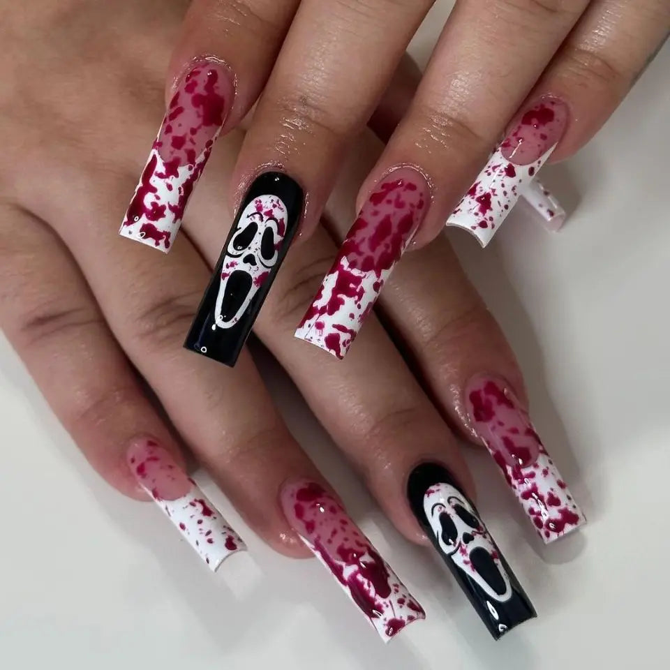 24Pcs Glitter Pink Sequins Fake Nails – Halloween Skull & Love Print Ballet Press-on Nails