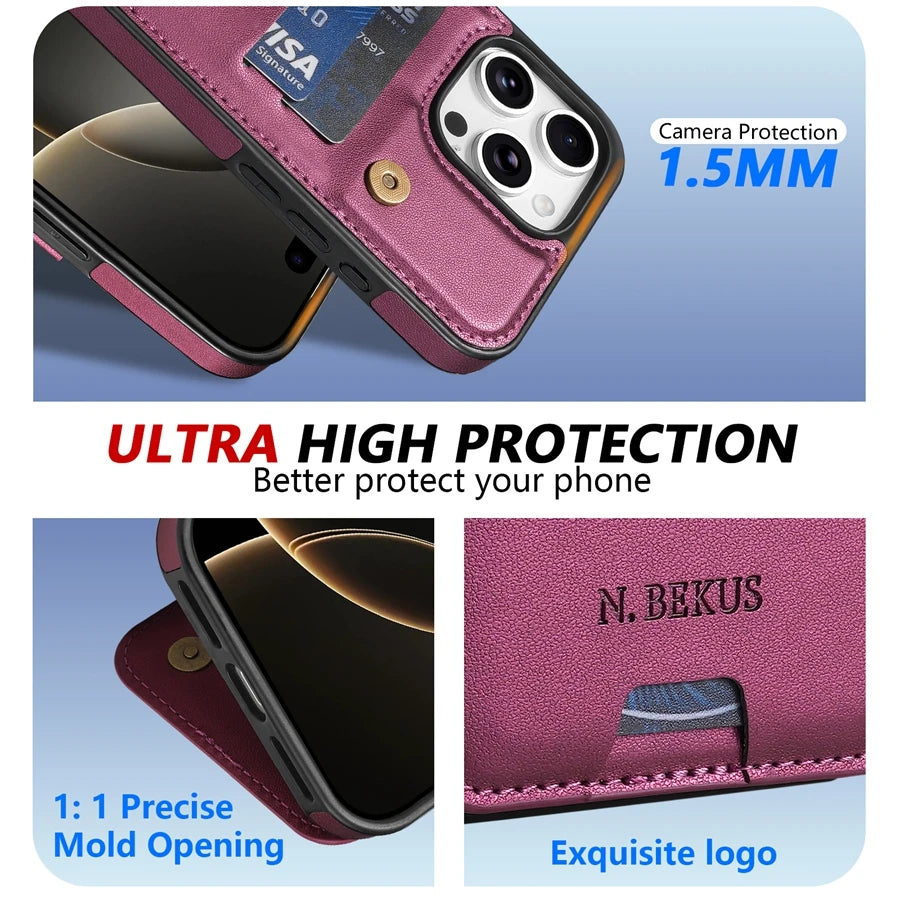 Wallet With Card Slot RFID Blocking Magnetic Flip Leather Case For iPhone 17 Pro Max 17e Air 16e 15 Plus 14 13 12 11 Cover
