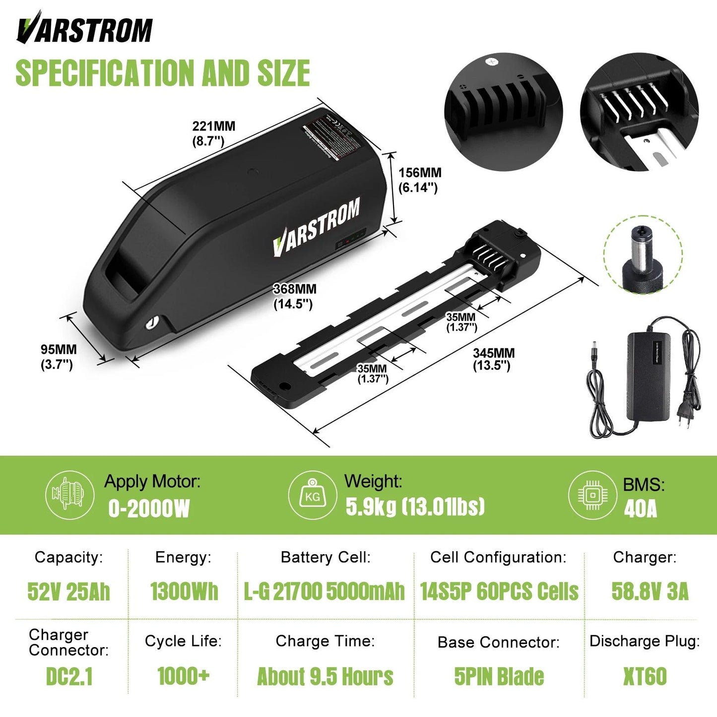 [US Stock] Varstrom Electric Bike Battery Hailong 48V 52V 20AH 30A Downtube Pack with 21700 Battery Cells 40A BMS for BBS02 TSDZ8 EBike Motor