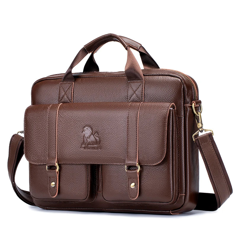 Genuine Leather Men's Briefcase with Double Front Pockets, Large Capacity Computer Bag, Diagonal Cross Handbag