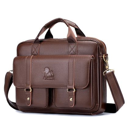 Genuine Leather Men's Briefcase with Double Front Pockets, Large Capacity Computer Bag, Diagonal Cross Handbag