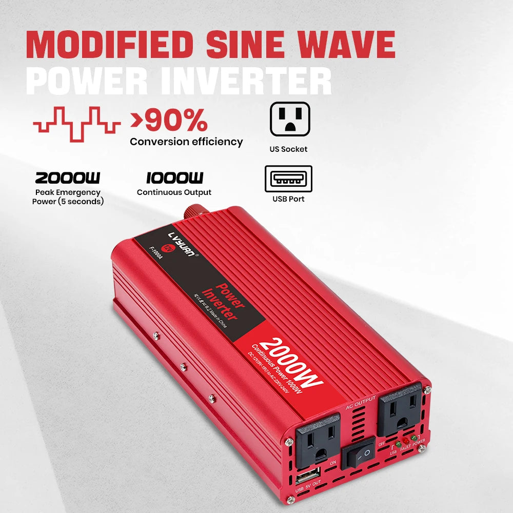 2600W 2000W 1500W LVYUAN Power Inverter 12V 110V 60Hz Car Inverter Dual US Sockets&USB Output Camping/Traval/RV Power Supply
