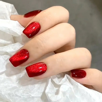 Sparkling Red Cat Eye Fake Nails – Solid Color Press-On Halloween Nails with Glue