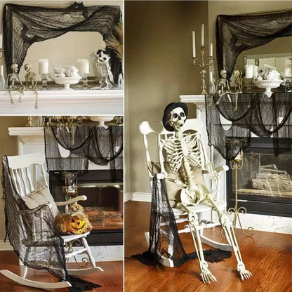 Spider Web Hanging Cloth with Skeleton Bat – Halloween Decoration (1/2/3pcs)