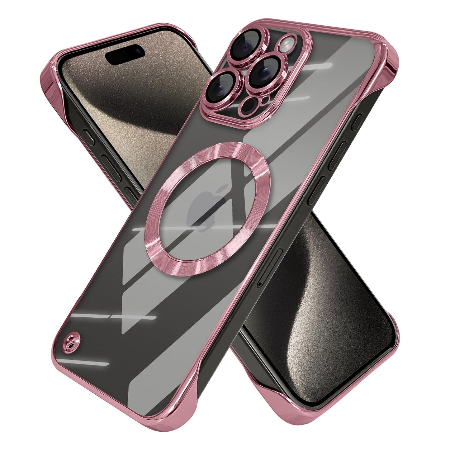 aidvaia Frameless Magnetic Phone Case Compatible with iPhone 15 Pro Max Clear Minimalist Case Transparent Clear Plating Pink Frameless Design Lens Protects Shockproof Case