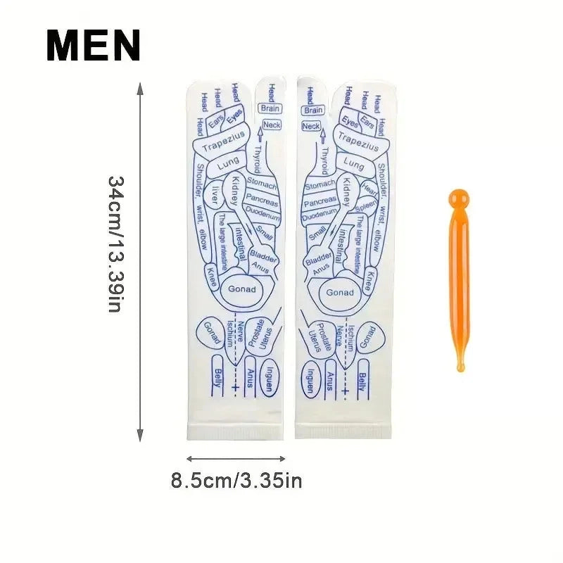 Two strips with foot reflexology diagram and a small orange tool on a white background.