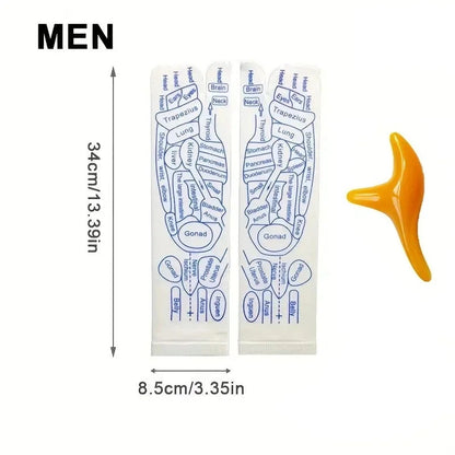 Two strips with labeled body parts and an orange tool on a white background, with dimensions indicated.