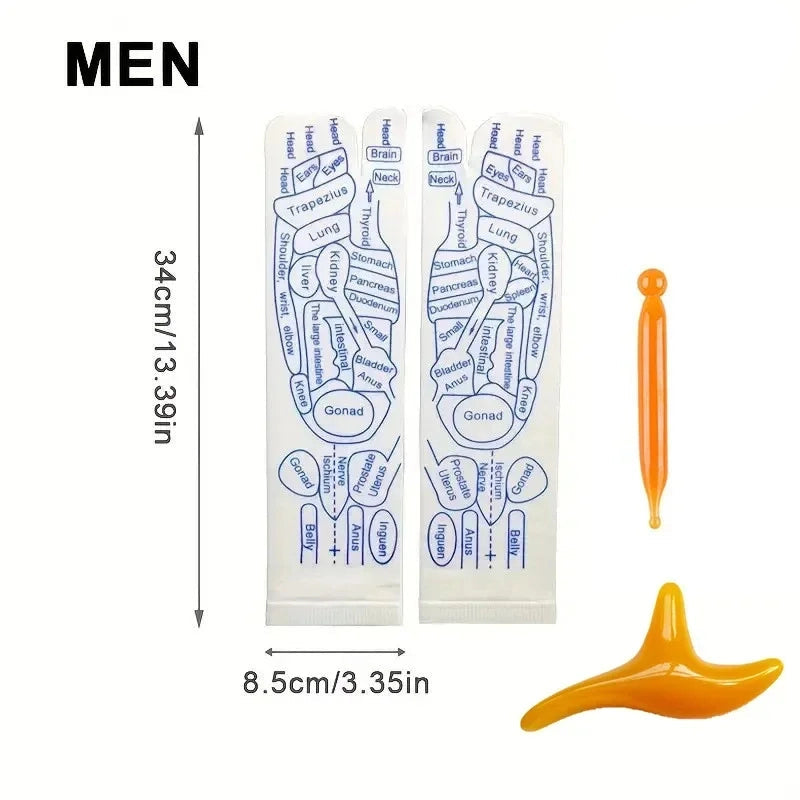 Two foot reflexology strips with measurements and two orange tools on a white background.