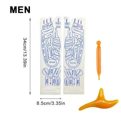 Two foot reflexology strips with measurements and two orange tools on a white background.