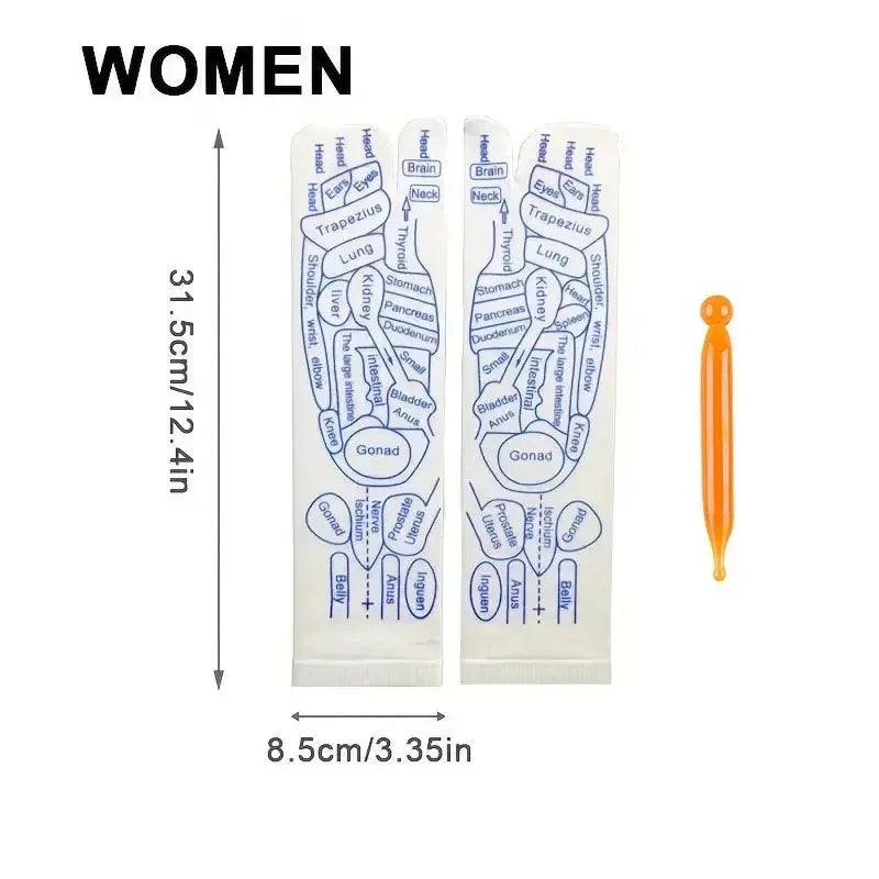 Foot reflexology chart for women with measurements and an orange tool on a white background.