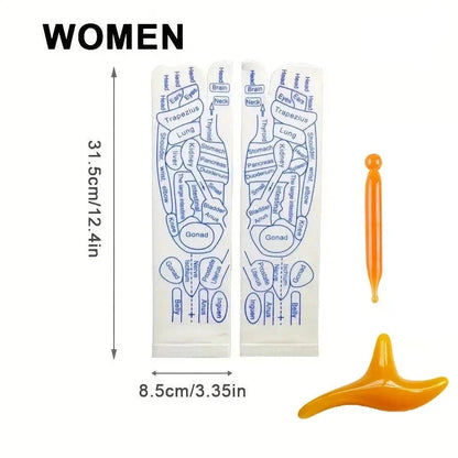 Foot reflexology chart for women with two orange tools on a white background